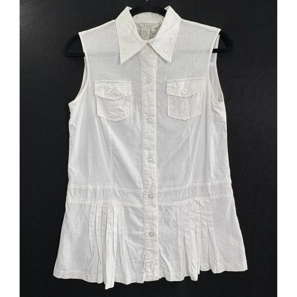 SANDRO Women Button Front Pleated Blouse Sleeveless Linen Blend Sz M White 13-3 - Picture 1 of 11